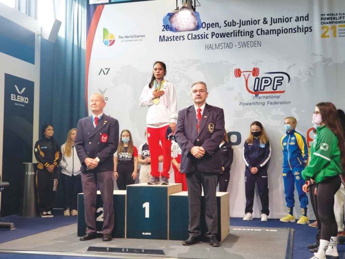 S-2 Philippines’ Veronica Ompod wins four gold medals in the 43-kilogram women’s junior division of the 2021 World Classic Powerlifting Championships in Halmstad, Sweden. POWERLIFTING ASSOCIATION OF THE PHILIPPINES
