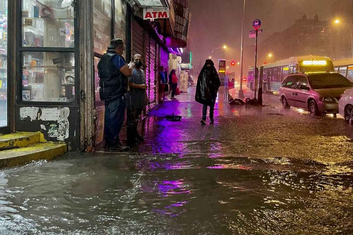new-york-flooding People make their way in rainfall from the remnants of Hurricane Ida in Bronx, New York City. DAVID DEE DELGADO/GETTY IMAGES