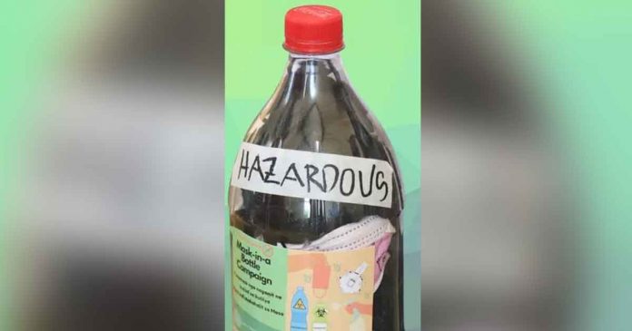 mask-in-a-bottle Plastic bottles can be repurposed as safe trash bins for facemasks.