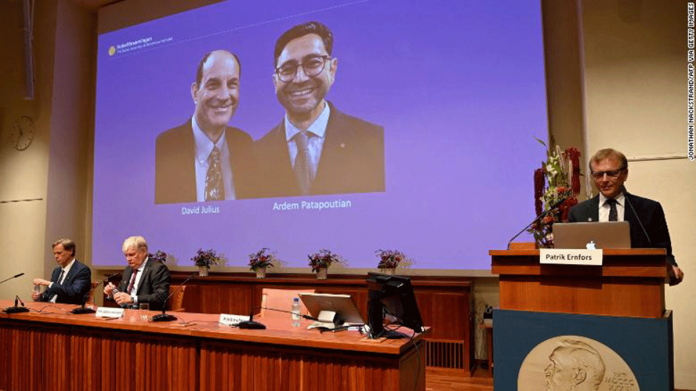 nobel Patrik Ernfors (right), a member of the Nobel Committee for physiology or medicine, stands next to a screen displaying the winners of the 2021 Nobel Prize, David Julius and Ardem Patapoutian.