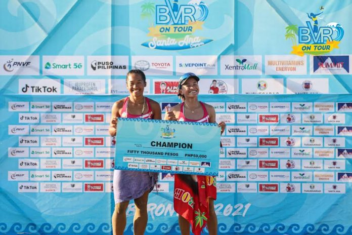 Bernadeth Pons and Cherry Rondina of Creamline 1 Negrense Bernadeth Pons and Cherry Rondina of Creamline 1 hold a symbolic cheque of their prize for ruling the second leg of the Beach Volleyball Republic on Tour in Santa Ana, Cagayan. BVR PHOTO