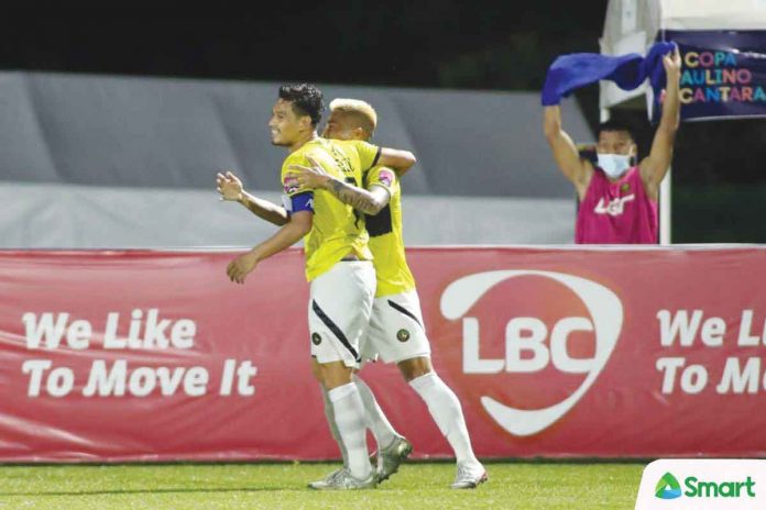 bedic Ilonggo Jovin Bedic is all smiles after hitting the go-ahead goal for Kaya Futbol Club-Iloilo. PFL PHOTO