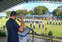 Police Brigadier General Rolando Miranda, Western Visayas police director, leads the oath-taking of 100 police recruits at Camp Delgado in Iloilo City on Nov. 8. PRO-6 PHOTO