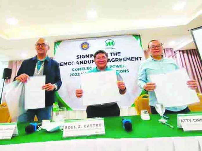 FIRST OF ITS KIND. The Commission on Elections in Iloilo City is partnering with MORE Electric and Power Corp. to ensure sufficient and uninterrupted electricity during the May 2022 elections. From left: MORE Power Network Operations deputy head Engineer Bernard Bailey del Castillo, MORE Power president Roel Castro, and City Election Officer IV Atty. Reinier Layson. PN PHOTO