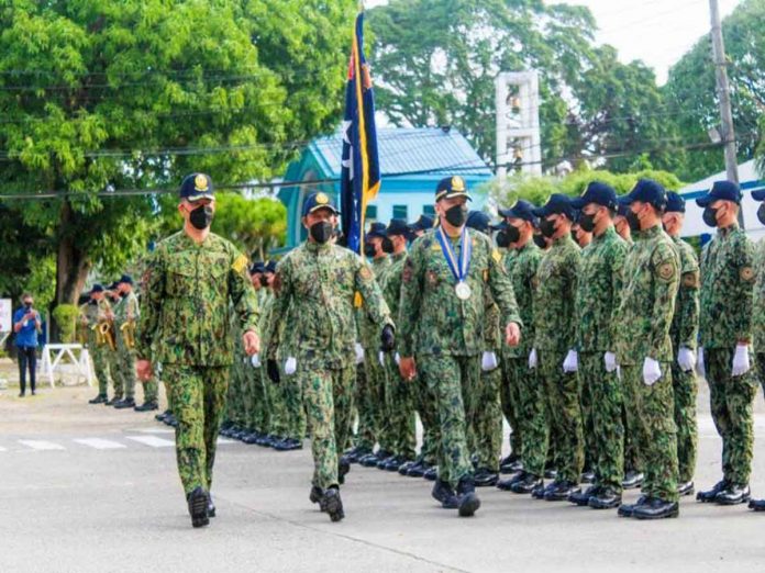 PNP-chief Philippine National Police chief, Police General Dionardo Carlos (third from left) is “trooping the line” during a visit to Camp Delgado in Iloilo City on Monday. With him are Region 6 police director Police Brigadier General Flynn Dongbo (left) and Police Colonel Pablito Asmod Jr., chief of the Regional Intelligence Division. PRO-6 PHOTO