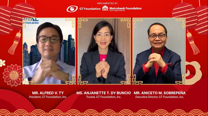 GT-foundation GT Foundation, Inc. and Metrobank Foundation, Inc. virtually kicked off the 2022 Bags of Blessing. The kickoff ceremony was led by (L-R) Federal Land chairman and GTFI president Alfred Ty, GTFI vice president Anjanette Dy-Buncio and MBFI president Aniceto Sobrepeña. Their hand gesture in the photo means “Hope for Prosperity.”