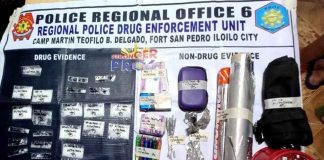 These are some of the recoveries from a police operation in Zone 3, Barangay Sto. Niño Norte, Arevalo, Iloilo City on Jan. 30, 2022, including 26 heat-sealed transparent plastic sachets containing white crystalline substance believed to be shabu weighing about 55 grams and valued at P374,000. PRO-6 PHOTO