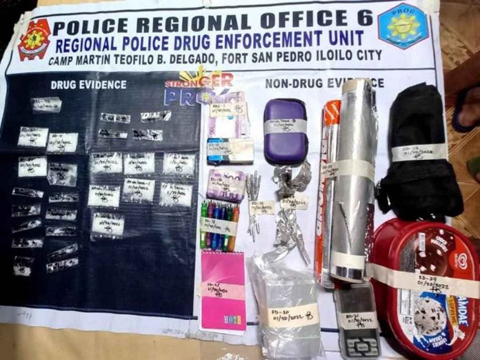 bust These are some of the recoveries from a police operation in Zone 3, Barangay Sto. Niño Norte, Arevalo, Iloilo City on Jan. 30, 2022, including 26 heat-sealed transparent plastic sachets containing white crystalline substance believed to be shabu weighing about 55 grams and valued at P374,000. PRO-6 PHOTO