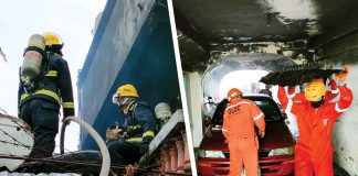 Firefighters climb the roof of a house (left photo) in Barangay Burgos-Mabini, La Paz, Iloilo City to have a good position from where to spray water to houses being engulfed by fire on Tuesday. Right photo shows firemen checking out a damaged car in the garage of a house that fire struck. Three separate fire incidents rocked the city yesterday. PN Photo