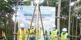 Retired Gen. Ricardo R. Visaya, administrator of the National Irrigation Administration (center or third from left) while leading the groundbreaking and capsule-laying ceremony of the P875 million Cabano Small Reservoir Irrigation Project. Accompanying him is Ralph Lauren A. Du, deputy administrator for the Administrative and Finance Sector of the NIA-central office (4th from left), Engr. Rory F. Avance, regional manager of NIA-6 (second from left), and Engr. Randy C. Alipis, division manager of the Iloilo-Guimaras Irrigation Management Office (5th from left), and Marvin Villanueva, Irrigator President, Cabano BIDA, Inc. (leftmost)./PN