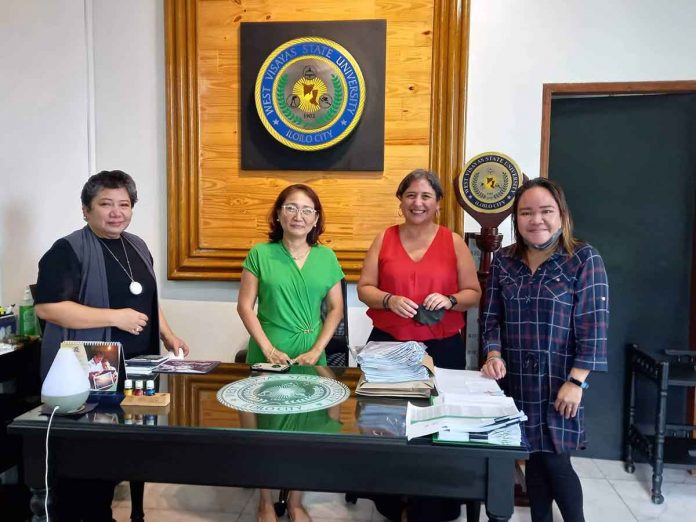 INTERNATIONAL EXCHANGE. Dr. Edurne Bartolome, a social scientist and PhD lecturer at the Universidad de Deusto in Spain (third from left) pays a courtesy call to the Office of WVSU President Joselito Villaruz, currently represented by OIC President Celina Gellada (second from left) on March 28, 2022. With her are Project FORTH Coordinator and WVSU Vice President Ma. Asuncion Christine Dequilla (leftmost) and Prof. Edel Carmela Subong-Csoka, WVSU director of the International and Local Linkages Office. PHOTO BY ANNE CORTEZ