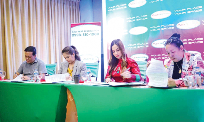 Model/influencer Linda Jean (3rd from left) renews her contract as brand ambassador of Astrotel. Also in photo are Astrotel’s Senior Manager Mitch Ocampo, Operations Head Malou Reyes, and Marketing Manager Sue Geminiano.