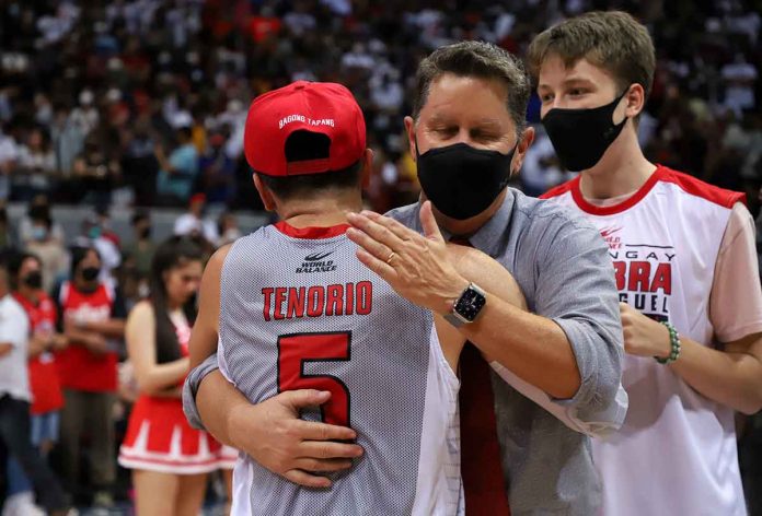 sports-ginebra-pic Barangay Ginebra San Miguel Kings head coach Tim Cone hugs LA Tenorio following their Game 6 win last Friday. PBA PHOTO