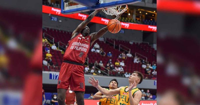 up-maroons University of the Philippines Fighting Maroons import Maodo Malick Diouf scores on a fastbreak dunk. UAAP PHOTO