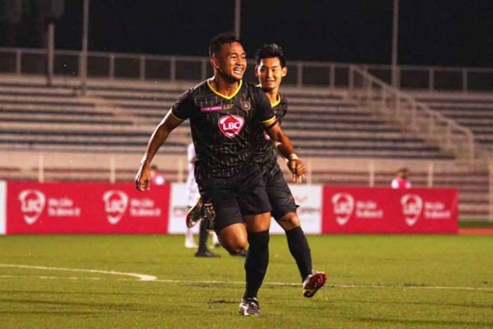 Kaya Futbol Club-Iloilo’s Eric Giganto is all smiles after connecting the game-winning goal against the Azkals Developmental Team. PFL PHOTO