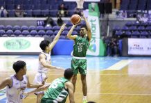 EcoOil-DLSU Green Archers’ Evan Nelle attempts an outside shot against the defense of Marinerong Pilipino Skippers’ Jan Manlangit. PBA MEDIA BUREAU