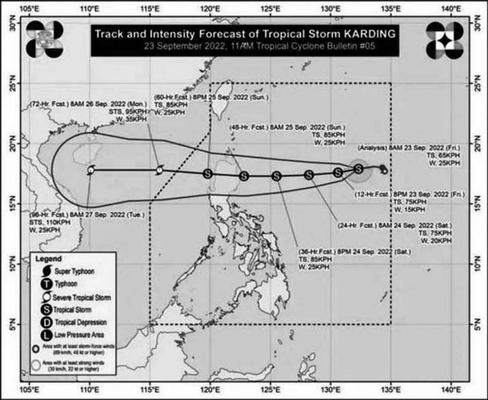 nation1 ‘Karding’ will possibly influence the southwest monsoon, locally known as “habagat,” and bring rain over Southern Luzon and the Visayas. PAGASA PHOTO