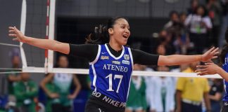 Faith Nisperos came up with clutch hits in Ateneo Blue Eagles’ win over Akari Power Chargers in Iloilo City on Saturday night. UAAP PHOTO