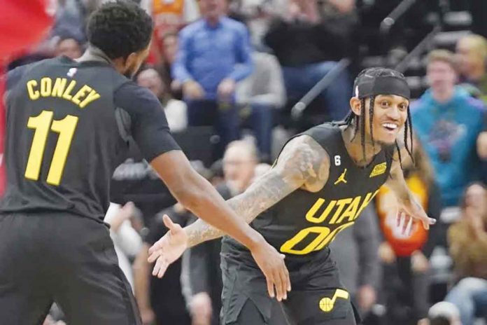 clarkson-utah Utah Jazz’s Jordan Clarkson (00) celebrates after making a three-pointer with teammate Mike Conley (11) during the first half of an NBA basketball game against the Houston Rockets Wednesday, Oct. 26, 2022, Salt Lake City. AP PHOTO/RICK BOWMER