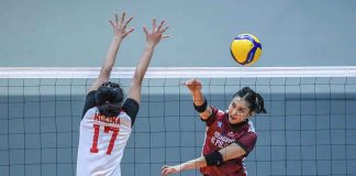 Bacolodnon Joan Marie Monares of the University of the Philippines Fighting Maroons scores against the defense of Katleya Molina of San Beda University Lady Red Spikers. V-LEAGUE PHOTO