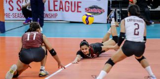 Negrense Nikha Cabasac of University of the Philippines Fighting Maroons saves the ball as two of her teammates look on. PHOTO COURTESY OF SHAKEY’S SUPER LEAGUE