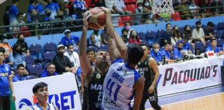 Bacolod BingoPlus’ Jayboy Solis (41) blocks the shot of Makati City MNL Kingpin’s Joseph Lingao Lingao (21) during their 2022 Maharlika Pilipinas Basketball League game. MPBL PHOTO