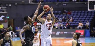 Barangay Ginebra San Miguel Kings’ Christian Standhardinger pulls up for a basket against Terrafirma Dyip’s Lester Prosper. PBA MEDIA BUREAU