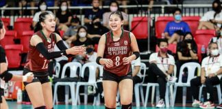 Bacolodnon Joan Marie Monares of University of the Philippines Fighting Maroons rejoices after scoring a point against the San Beda University Lady Red Spikers. SHAKEY’S SUPER LEAGUE PHOTO