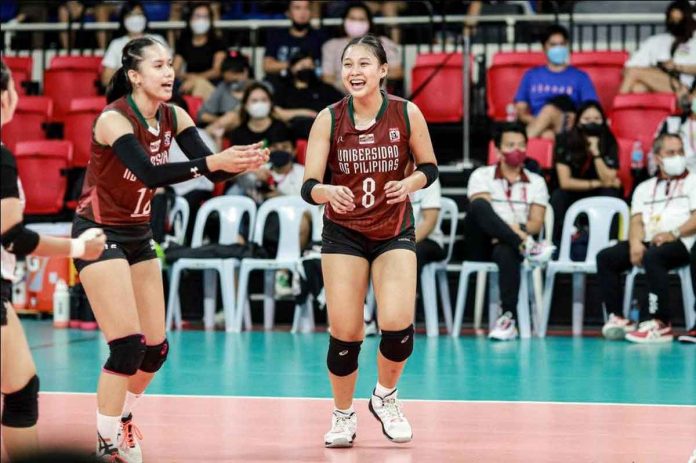 sports-up-pic-and-caption Bacolodnon Joan Marie Monares of University of the Philippines Fighting Maroons rejoices after scoring a point against the San Beda University Lady Red Spikers. SHAKEY’S SUPER LEAGUE PHOTO