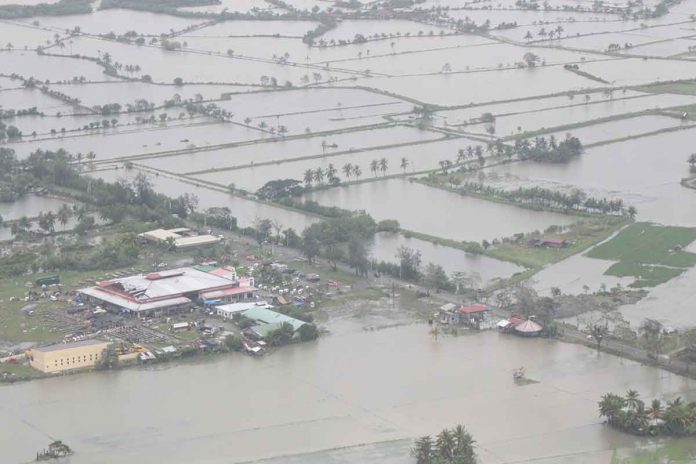 Hamtic-01 Data from the Department of Agriculture (DA) Region 6 as of Nov. 7 showed 180,218.57 hectares of farmlands in Western Visayas were damaged by Severe Tropical Storm “Paeng”. Aerial shot shows the flooded Hamtic town in Antique.
