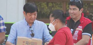 President Ferdinand “Bongbong” Marcos Jr. visits Antique on Tuesday, Nov. 8, to assess and address the extent of damage caused by Severe Tropical Storm “Paeng”. Photo shows Marcos (2nd from left) leading the distribution of family food packs and sleeping kits to affected residents. The President, through the Department of Social Welfare and Development, also extends financial aid of P5,000 each to around 1,200 “Paeng”-hit Antiqueños. PROVINCE OF ANTIQUE FB PAGE PHOTO