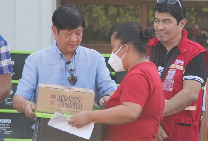 marcos President Ferdinand “Bongbong” Marcos Jr. visits Antique on Tuesday, Nov. 8, to assess and address the extent of damage caused by Severe Tropical Storm “Paeng”. Photo shows Marcos (2nd from left) leading the distribution of family food packs and sleeping kits to affected residents. The President, through the Department of Social Welfare and Development, also extends financial aid of P5,000 each to around 1,200 “Paeng”-hit Antiqueños. PROVINCE OF ANTIQUE FB PAGE PHOTO
