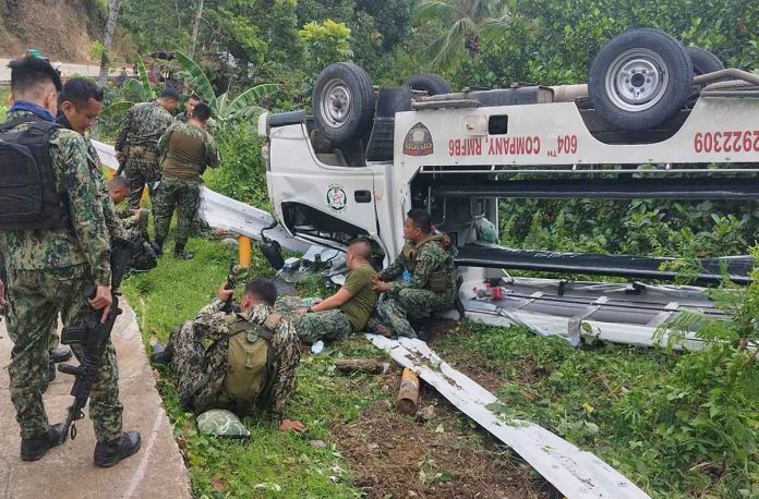 patrol-car Seven policemen were injured after their patrol car’s brakes malfunctioned, causing it to turn turtle along the national highway in Barangay Caningay, Candoni, Negros Occidental on Monday morning, Nov. 28. CANDONI MPS PHOTO