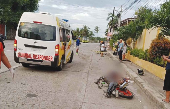 Police Staff Sergeant Jemon Ballestramon was killed in a road mishap in Barangay Nanga, Guimbal, Iloilo early yesterday morning, Nov. 24. His motorcycle was hit by a public utility jeepney. GUIMBAL MPS PHOTO