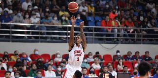 Barangay Ginebra San Miguel Kings’ Jamie Malonzo attempts a three-pointer as NorthPort Batang Pier’s Shej Roi Sumang looks on. PBA PHOTO