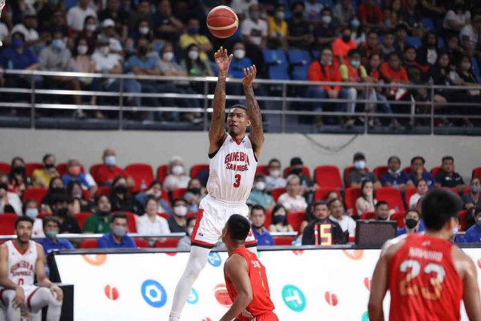 sports-Malonzo-pic-and-caption Barangay Ginebra San Miguel Kings’ Jamie Malonzo attempts a three-pointer as NorthPort Batang Pier’s Shej Roi Sumang looks on. PBA PHOTO