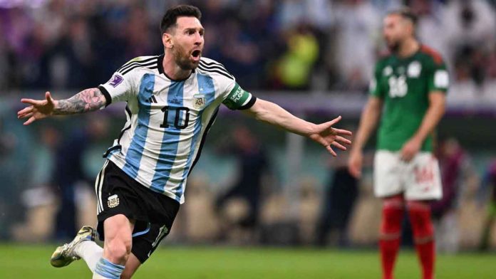 sports-World-Cup Lionel Messi celebrates scoring the opening goal against Mexico. KIRILL KUDRYAVTSEV/AFP/AFP via Getty Image