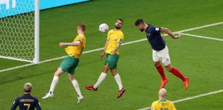France’s Olivier Giroud scores their fourth goal during their World Cup match against Australia. MOLLY DARLINGTON/REUTERS