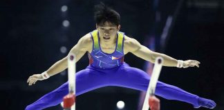 Carlos Yulo performs during the men’s parallel bars finale of the 51st FIG Artistic Gymnastics World Championships on Sunday night in Liverpool, Great Britain. PHOTO COURTESY OF PHIL NOBLE/REUTERS