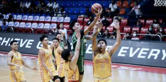 Negrense Miggy Corteza of College of St. Benilde Blazers attacks the defense of San Sebastian College Stags for a layup. PHOTO COURTESY OF NCAA/GMA SPORTS