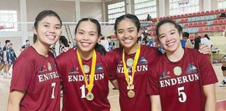 Negrenses Aurea Alvero, Erika Deloria, Rhean Almendralejo, and Shane Carmona carried the fight for Enderun College Lady Titans in the 2022 NAASCU women's volleyball. CONTRIBUTED PHOTO
