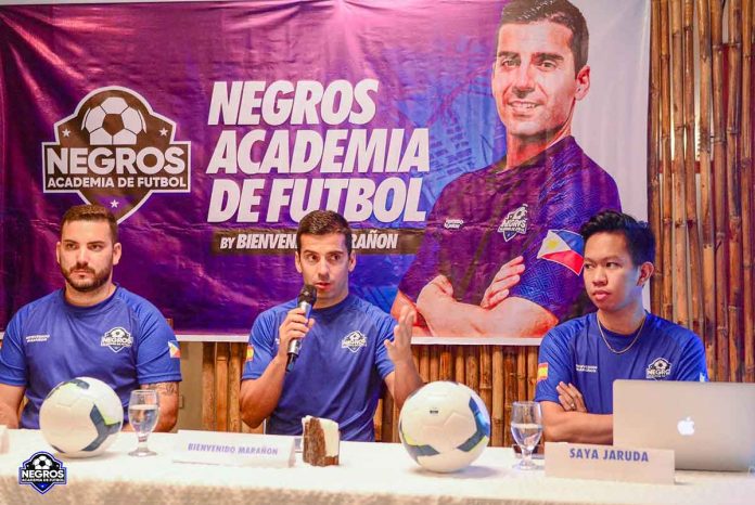 sports-ex Philippine Azkals naturalized player and former Ceres-Negros FC star Bienvenido Marañon speaks during the launching of the Negros Football Academy. PHOTO COURTESY OF NEGROS - ACADEMIA DE FUTBOL FACEBOOK PAGE