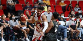 San Miguel Beermen’s June Mar Fajardo tries to ward off the defense of Terrafirma Dyip center Joseph Gabayni. PBA MEDIA BUREAU PHOTO