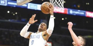 Los Angeles Lakers guard Russell Westbrook goes to the basket against Denver Nuggets center Nikola Jokić during their 2022-2023 NBA Season game in Los Angeles. AP PHOTO/MICHAEL OWEN BAKER