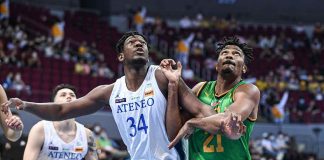 Ateneo de Manila University Blue Eagles’ Angelo Kouame battles Far Eastern University Tamaraws’ Patrick Tchuente for positioning for a rebound. UAAP MEDIA BUREAU PHOTO