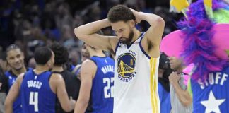 Golden State Warriors' Klay Thompson reacts after missing a last-second basket at the end of an NBA basketball game against the Orlando Magic. AP PHOTO/PHELAN M. EBENHACK