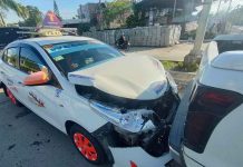 A taxi, pickup and sport utility vehicle collided on Wednesday morning on the national highway in Barangay Mali-ao, Pavia, Iloilo. AJ PALCULLO/PN