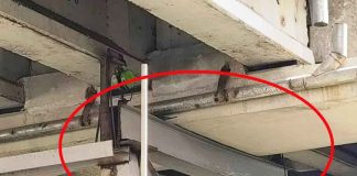 BENDING SUPPORT. A metal brace shoring up the “sinking” Ungka flyover is bending under the heavy weight of the concrete structure. This raises the concern that the steel braces introduced to temporarily support the flyover may not be working, and the sinking of the P680-million newly-built infrastructure is progressing. The Department of Public Works and Highways has ordered a geotechnical investigation and project audit. AJ PALCULLO/PN