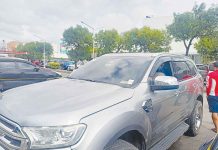 Photos show the driver's side window of a sports utility vehicle smashed during an assassination attempt by still unidentified gunmen in Bacolod City yesterday. AKSYON RADYO BACOLOD/CONTRIBUTED PHOTOS