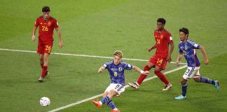 Japan’s Ritsu Doan scores his team’s first goal against Spain. GETTY IMAGES